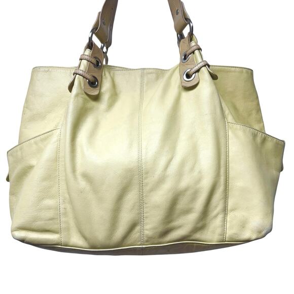 Kenneth Cole Leather Pale Yellow Shoulder Hobo Tote Bag with Flaws Snap Closure - Picture 2 of 11